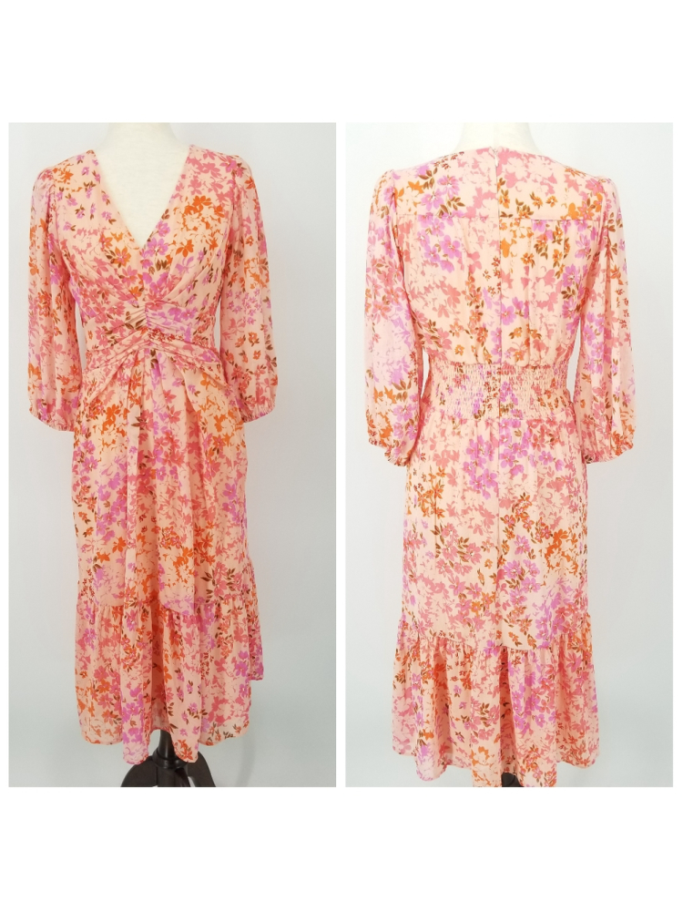 Dkny Coral Floral Faux Wrap Dress Size 2 Nwt High Low Ruffle Bell Sleeve V-Neck